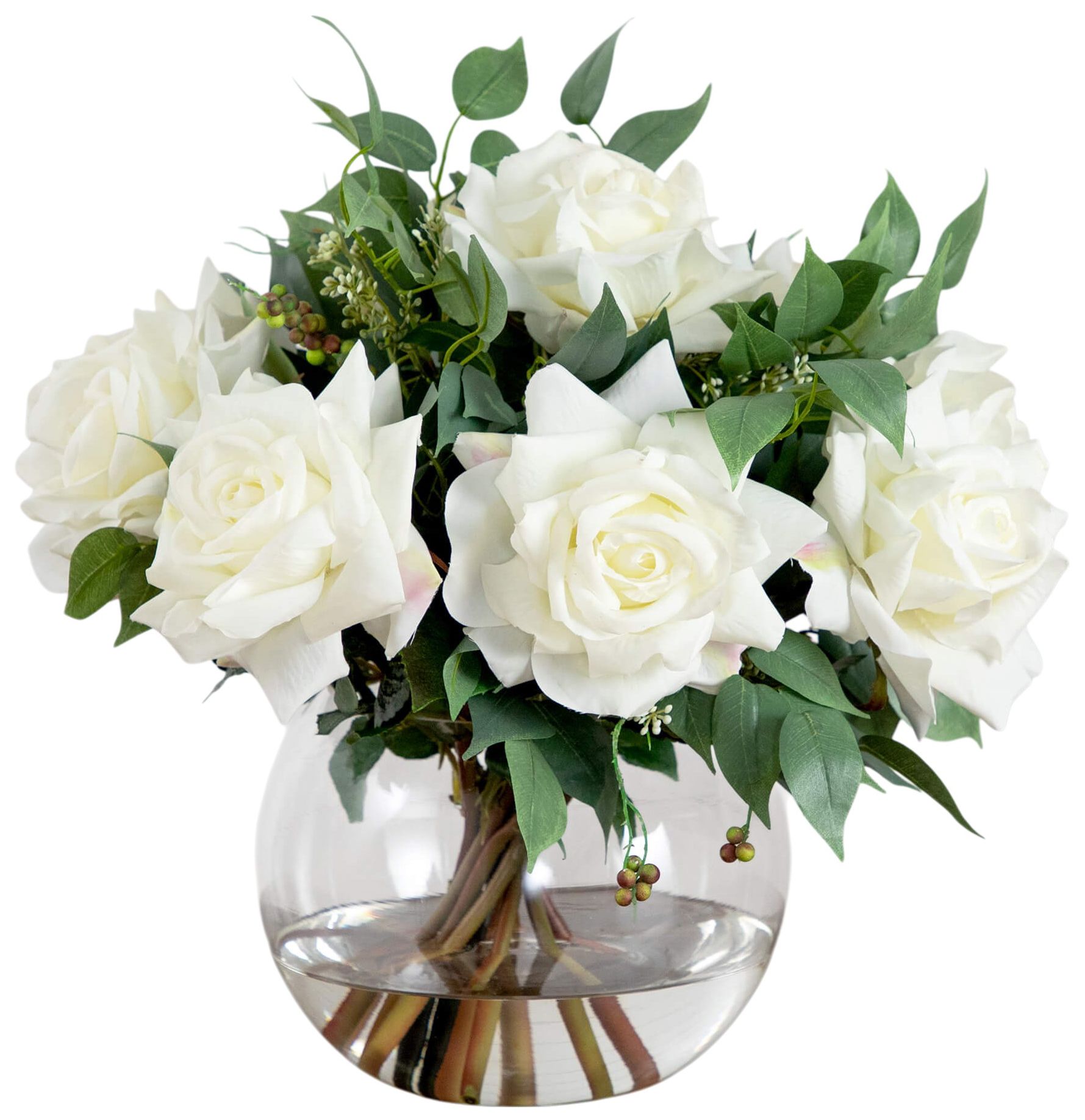 Image 2 16in. Artificial Roses and Mixed Greens Arrangement in Glass Vase