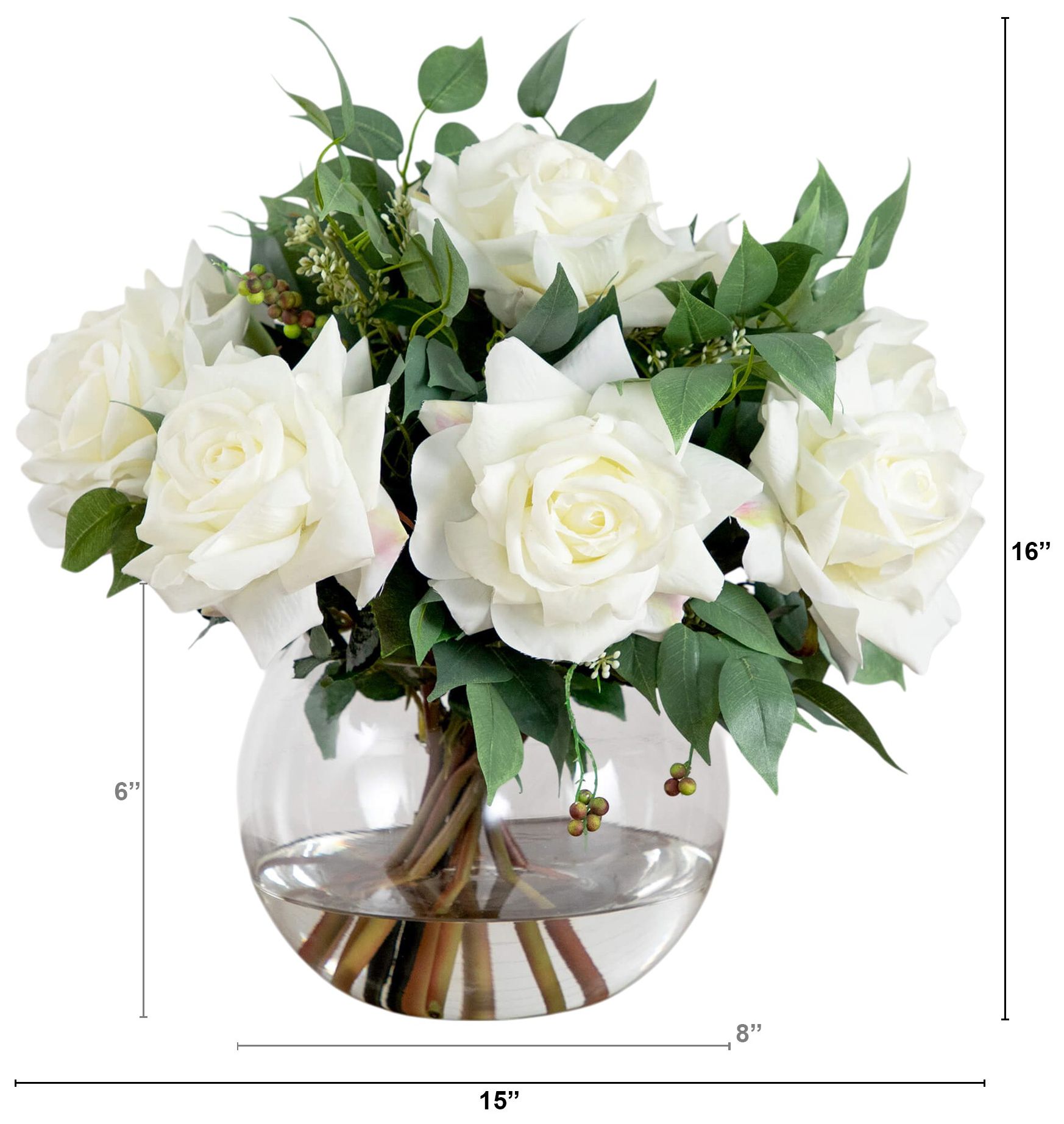 Image 3 16in. Artificial Roses and Mixed Greens Arrangement in Glass Vase more views