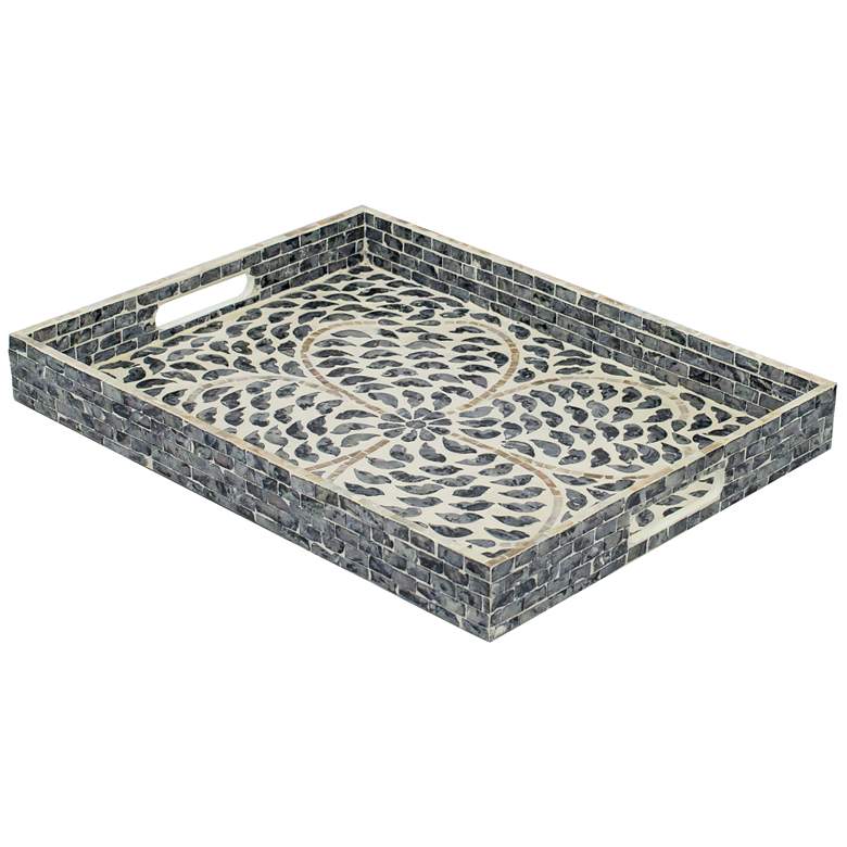 Image 1 17.7" Wide Black Rectangular Capiz Tray with Handles