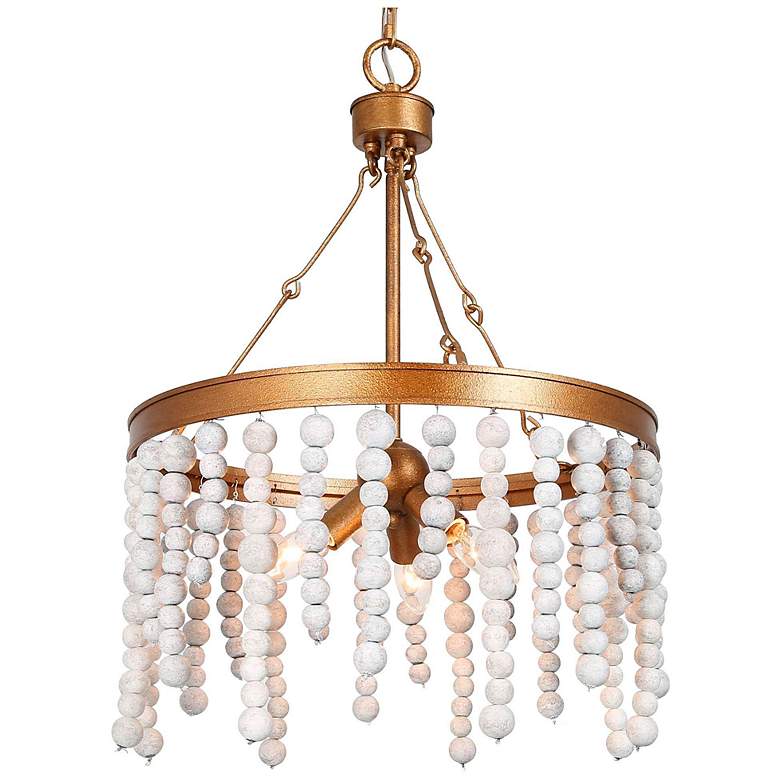 Image 1 17" Wide 3-Light Brass Wood Beaded Wheel Chandelier