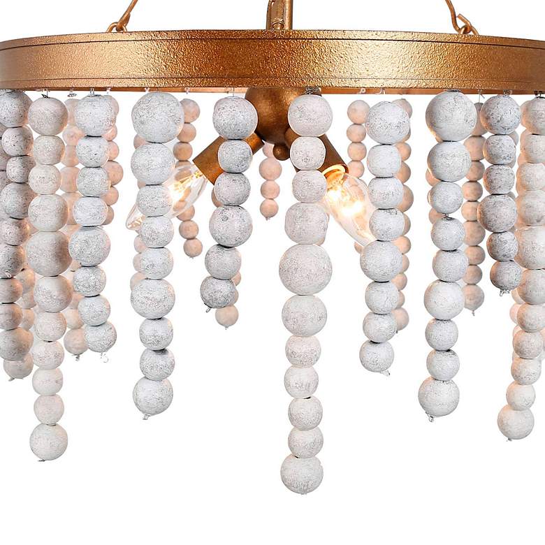 Image 3 17" Wide 3-Light Brass Wood Beaded Wheel Chandelier more views