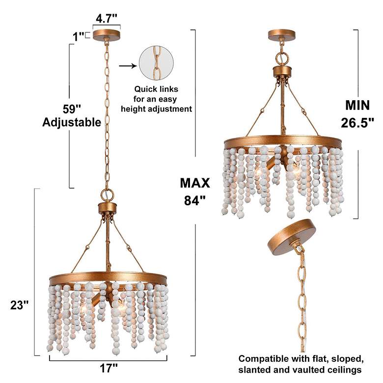 Image 4 17" Wide 3-Light Brass Wood Beaded Wheel Chandelier more views