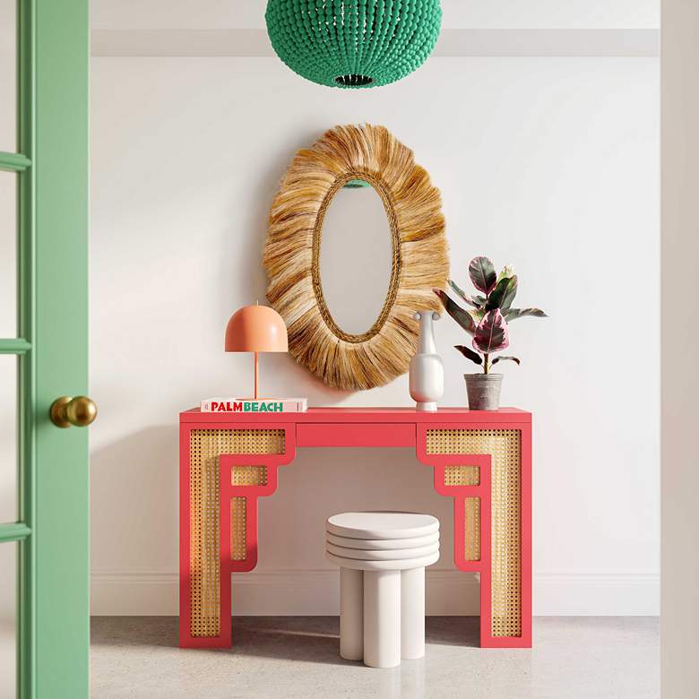 Image 1 TOV Suzie 45" Wide Coral Pink Wood Woven Rattan Console Table in scene