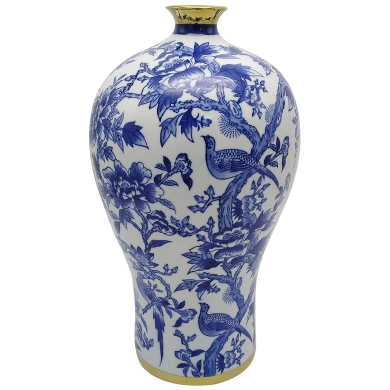 Image 1 18.1 inch Blue and White Chinoiserie Vase with Gold Trim