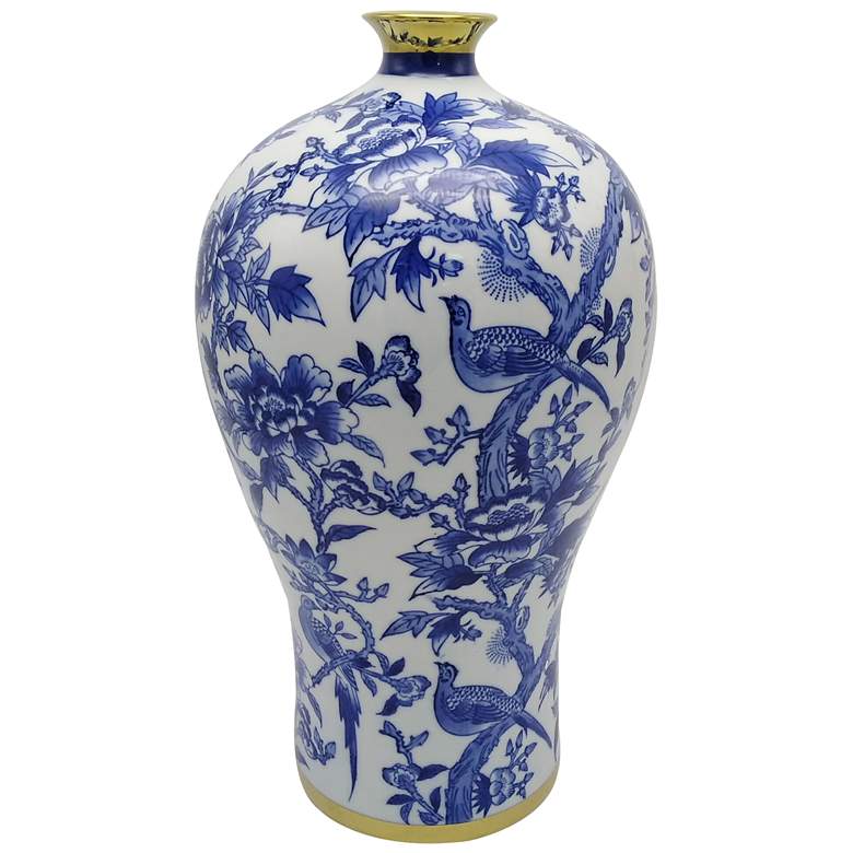 Image 1 18.1" Blue and White Chinoiserie Vase with Gold Trim