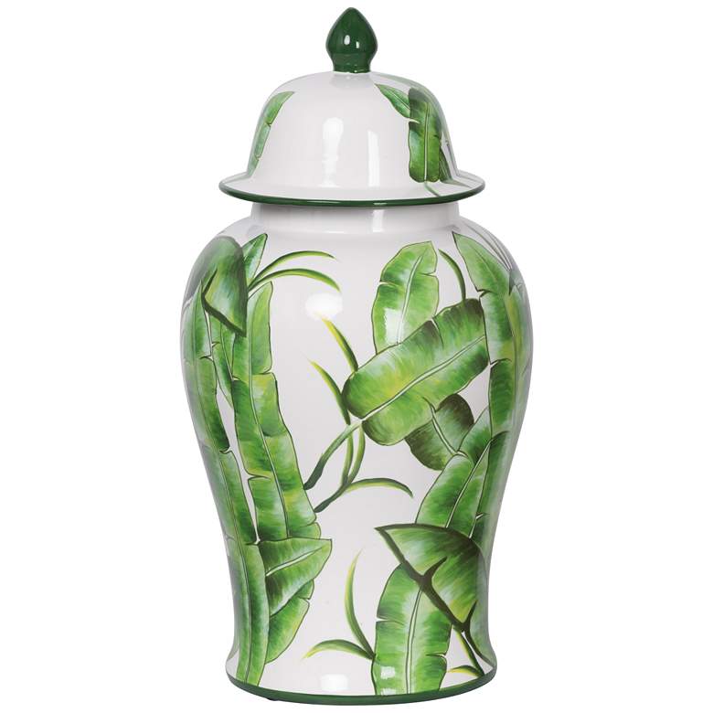 Image 1 18.1" High Green and White Lovise Palm Lidded Urn