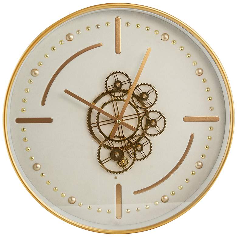 Image 1 18 inch Glass Covered Gold &#38; White Gear Wall Clock