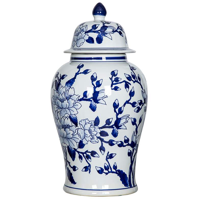 Image 1 18" High Blue and White Magnolia Pattern Ginger Jar