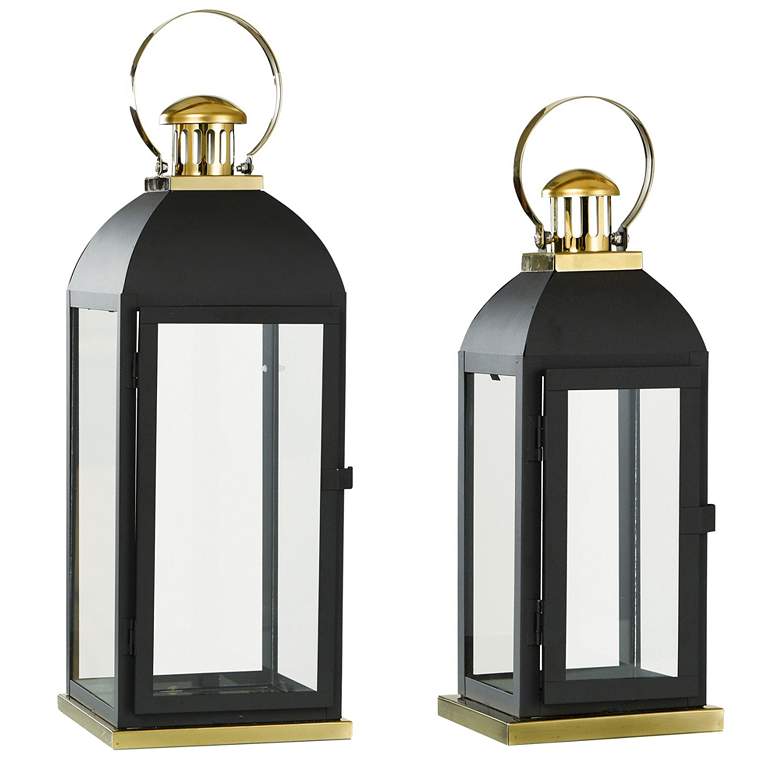 Image 1 18 inch High Matte Black and Polished Gold Steel Lanterns - Set of 2