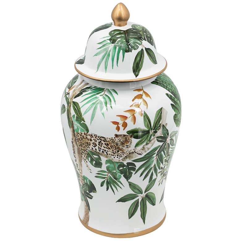Image 1 18" High White and Green Leaf Pattern Ginger Jar