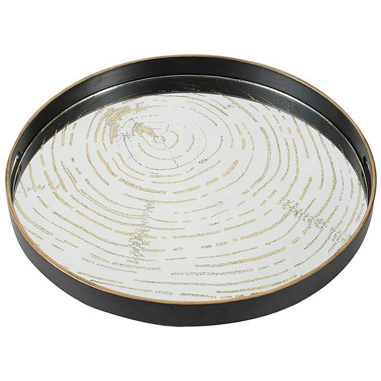 Image 1 18 inch Wide Round Black and Gold Mirrored Decorative Tray with Wood Desig