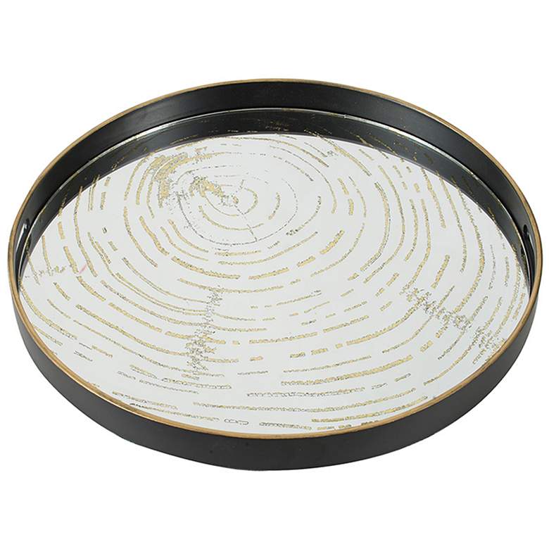 Image 1 18" Wide Round Black and Gold Mirrored Decorative Tray with Wood Desig