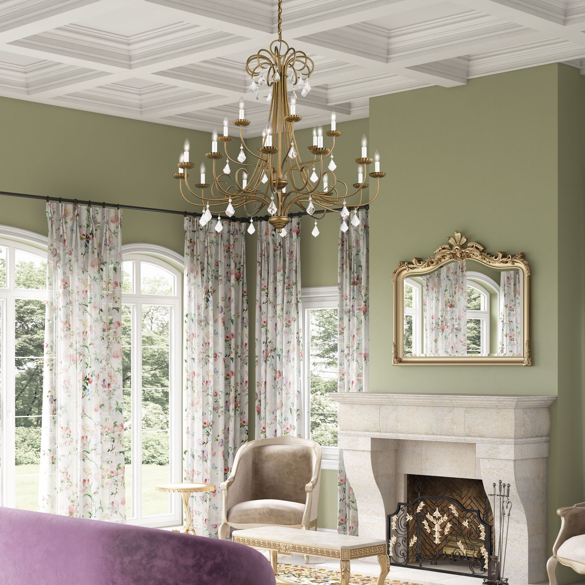 18 Light Antique Gold Leaf Extra Large Chandelier with Clear Crystals