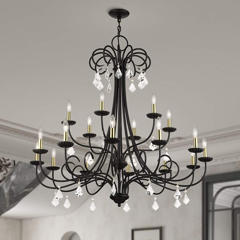 Image 1 18 Light Black Extra Large Chandelier with Antique Brass Finish Accents