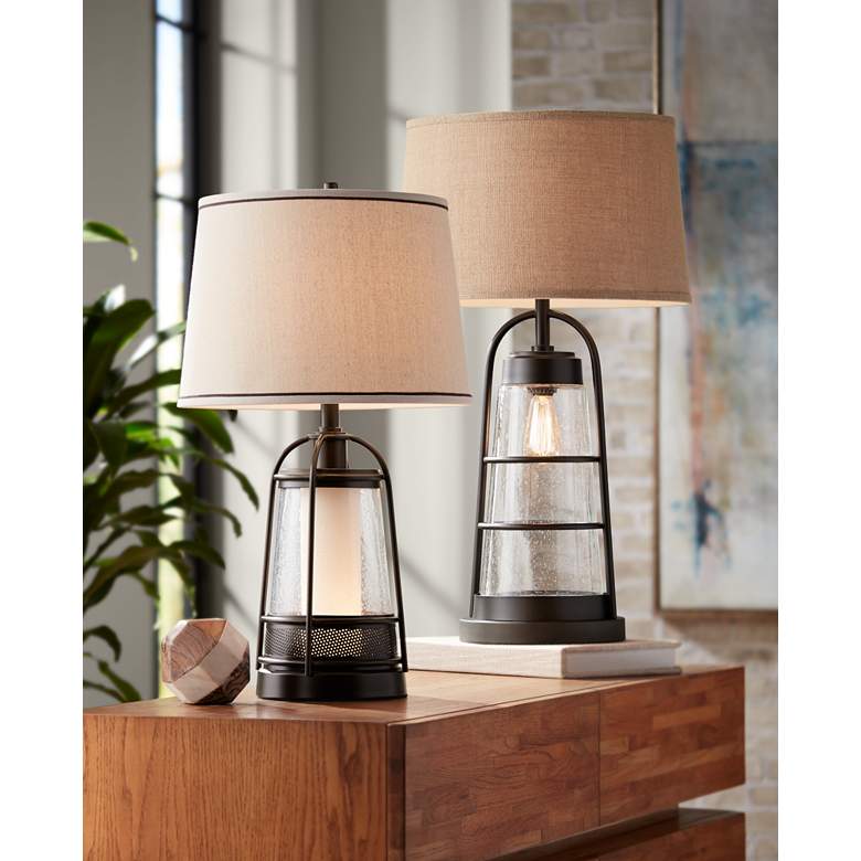 Image 1 Franklin Iron Works 31 inch Industrial Lantern Table Lamp with Night Light in scene
