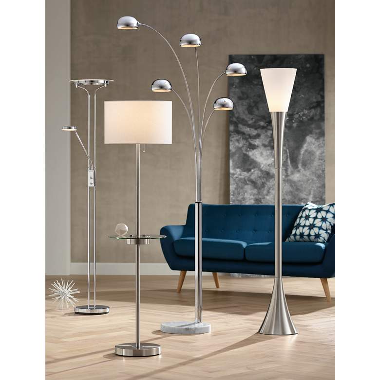 Caper Brushed Nickel Tray Table Floor Lamp with USB Port and Outlet in scene