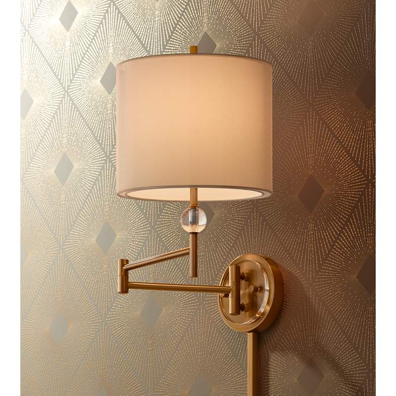 Image 1 Possini Euro Kohle Brass Swing Arm Plug-In Wall Lamp with Cord Cover in scene