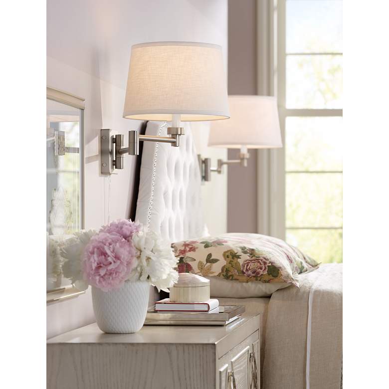 Image 1 Possini White Linen Shade Brushed Nickel Adjustable Plug-In Wall Lamp in scene