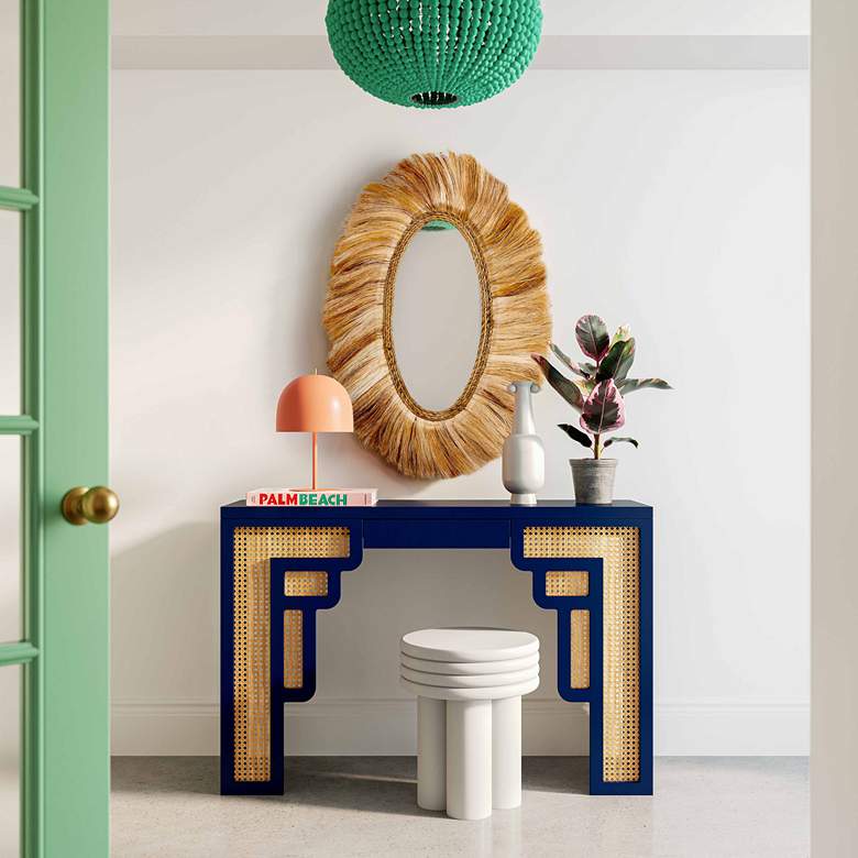 Image 1 TOV Suzie 45" Wide Navy Wood Woven Rattan Console Table in scene