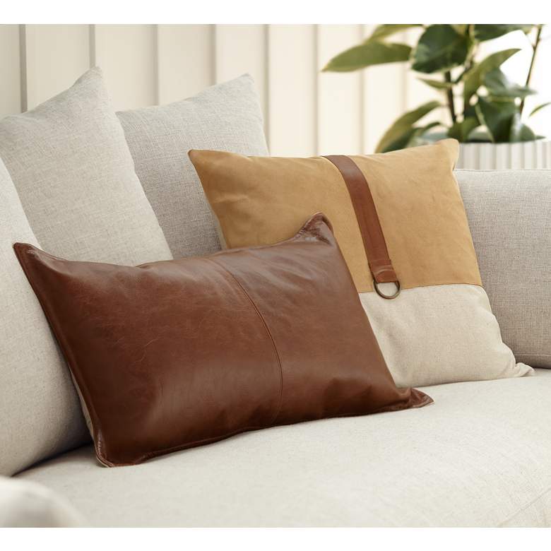 Image 1 Brown Leather 26" x 14" Throw Pillow in scene