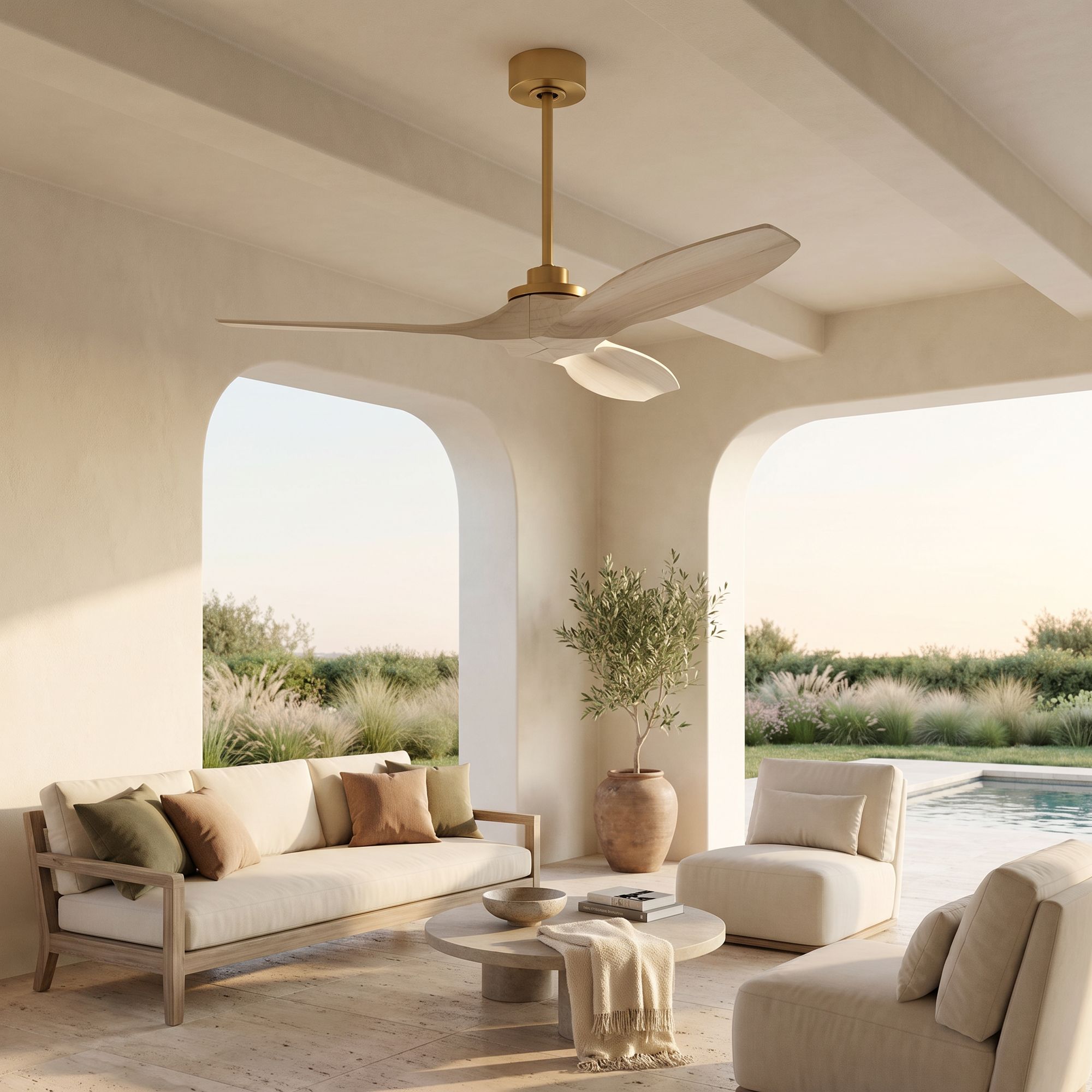 Image 1 52" Visual Comfort Collins Brass Damp Rated Smart Fan with Remote in scene