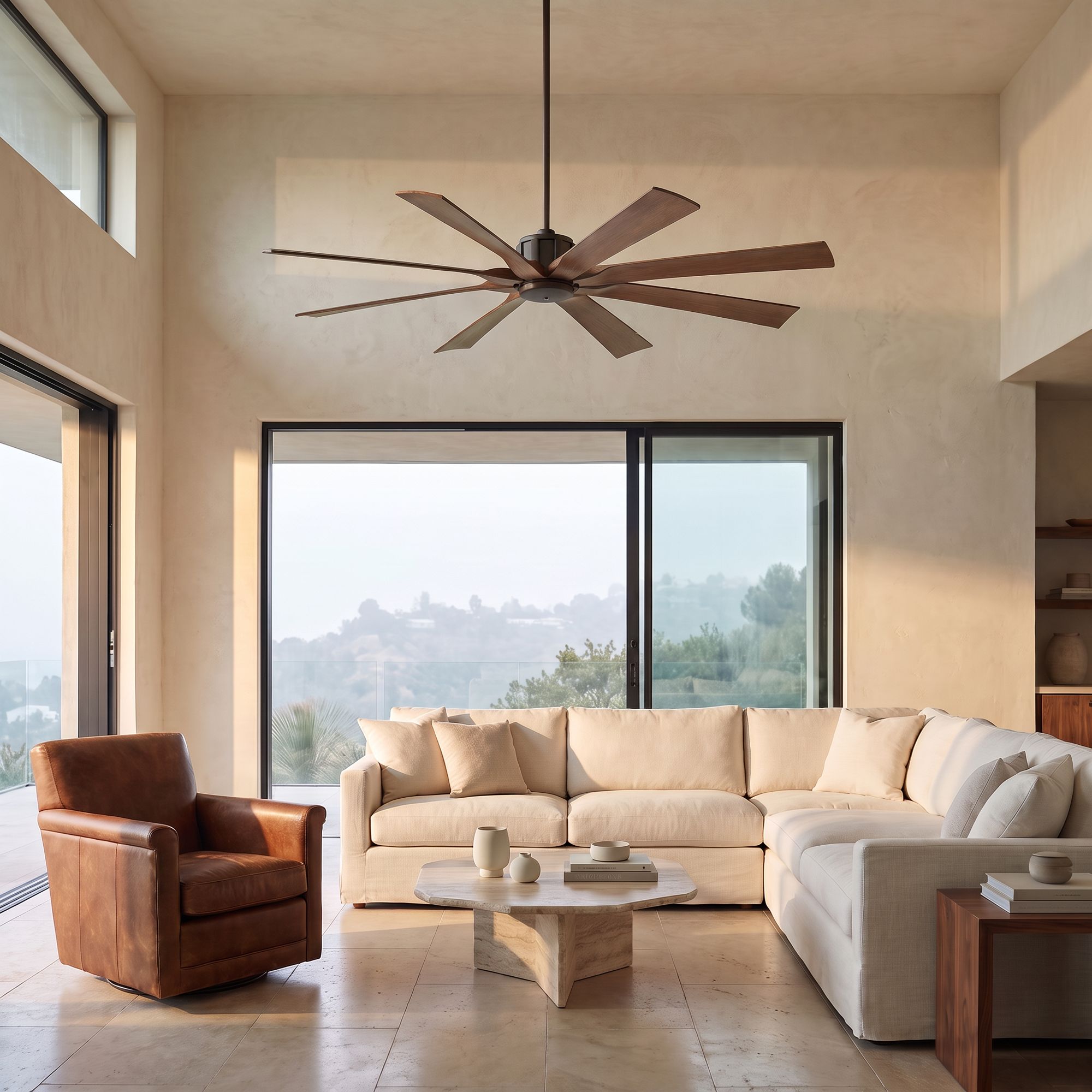 Image 1 70" Possini Euro Defender Bronze Koa Damp Ceiling Fan with Remote in scene