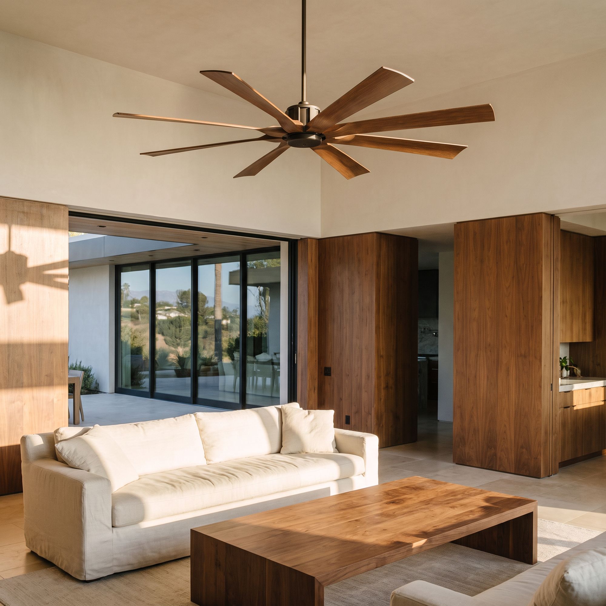 70" Possini Euro Defender Bronze Koa Damp Ceiling Fan with Remote in scene