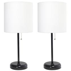 19.5" Black Table Lamp Two Pack Set with Power Outlet, White Shades