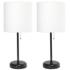 19.5" Black Table Lamp Two Pack Set with Power Outlet, White Shades