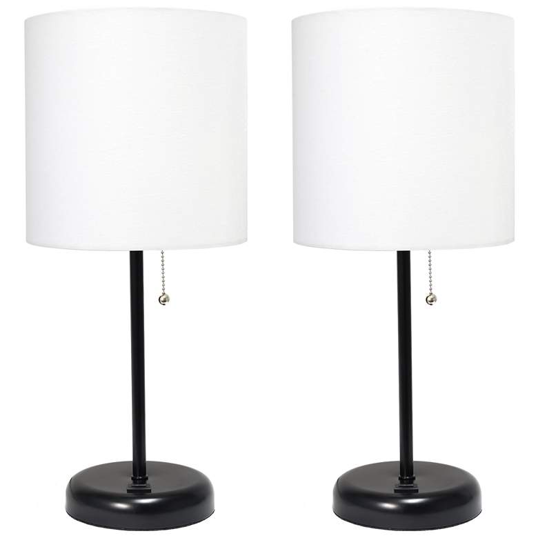 Image 1 19.5" Black Table Lamp Two Pack Set with USB Port, White Shades