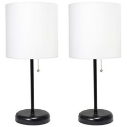 19.5" Black Table Lamp Two Pack Set with USB Port, White Shades