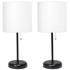 19.5" Black Table Lamp Two Pack Set with USB Port, White Shades