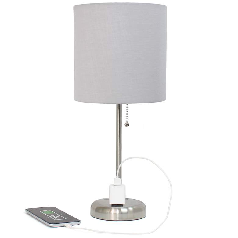 Image 1 19.5" Brushed Steel Table Desk Lamp with Charging Outlet and LED Bulb