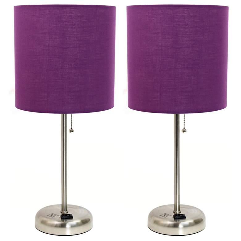 Image 1 19.5" Brushed Steel Table Lamp Two Pack with Power Outlet, Purple Shad