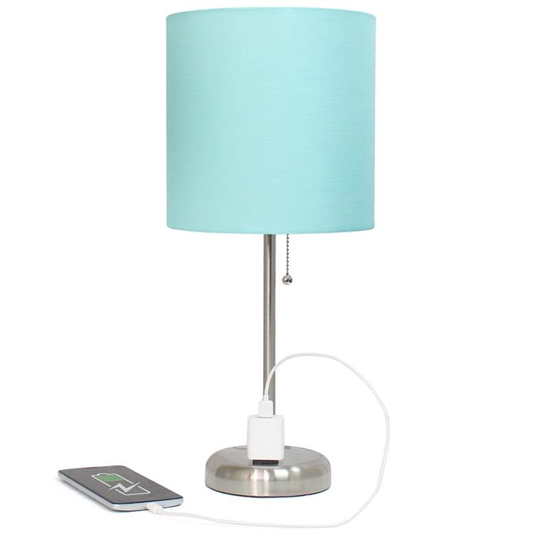 Image 1 19.5" Brushed Steel Table Lamp with Charging Outlet and LED Bulb Inclu