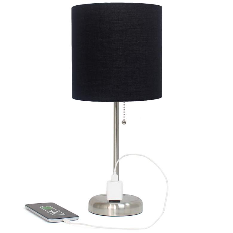 Image 1 19.5" Brushed Steel Table Lamp with Charging Outlet and LED Bulb Inclu