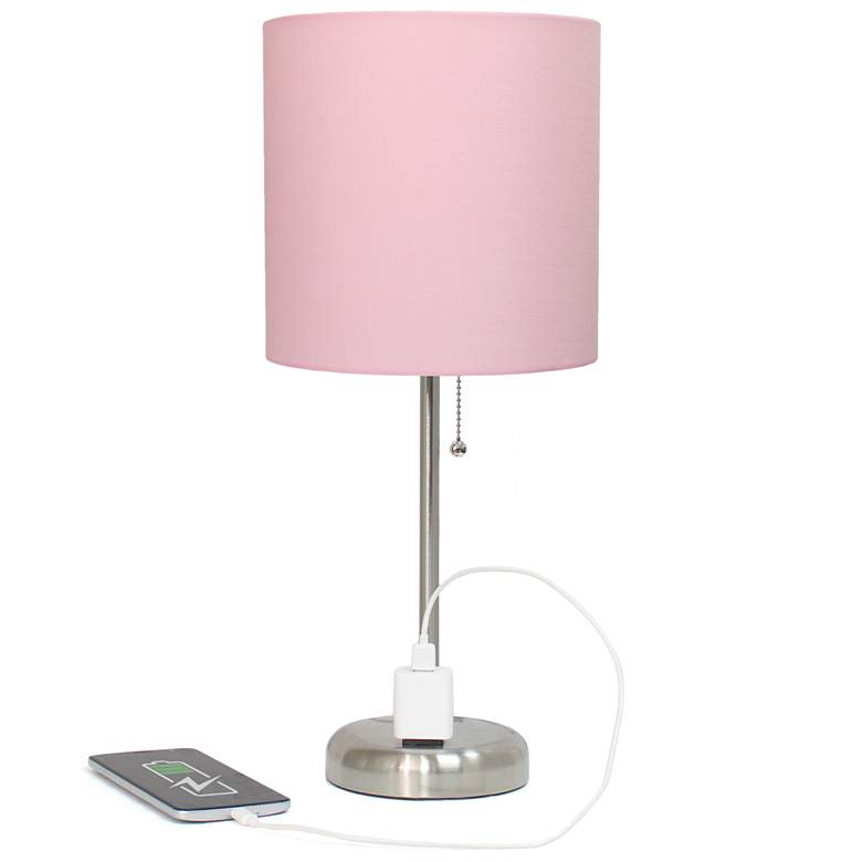 Image 1 19.5" Brushed Steel Table Lamp with Charging Outlet and LED Bulb Inclu