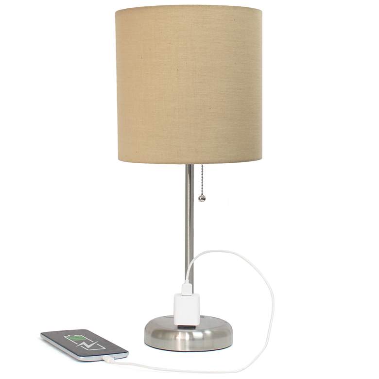 Image 1 19.5" Brushed Steel Table Lamp with Charging Outlet and LED Bulb Inclu