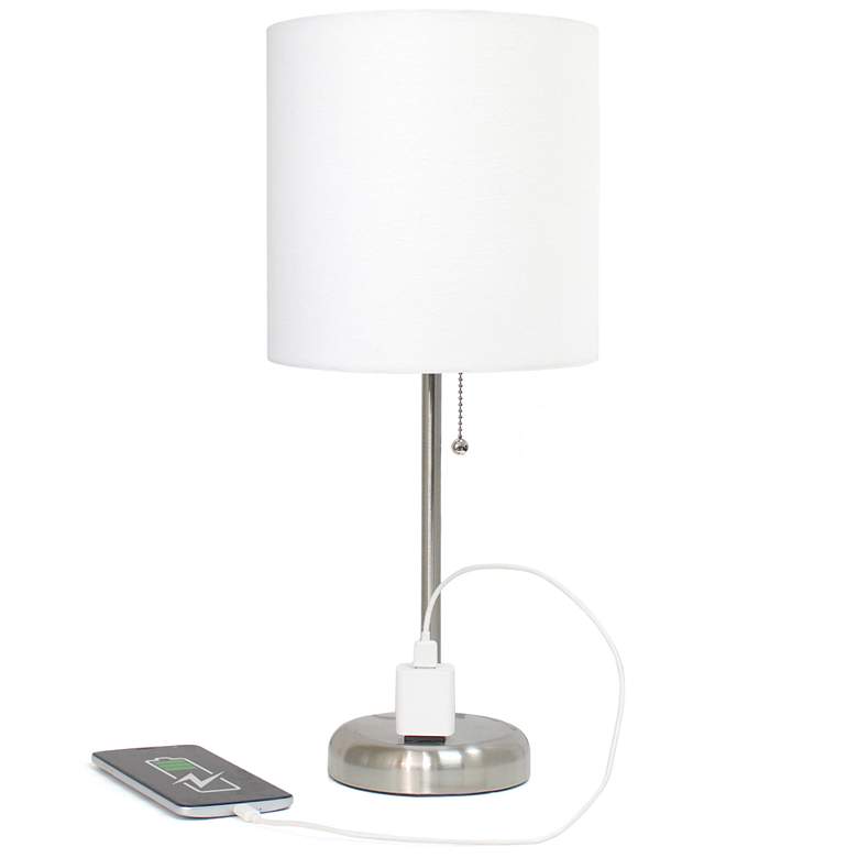 Image 1 19.5" Brushed Steel Table Lamp with Charging Outlet and LED Bulb Inclu