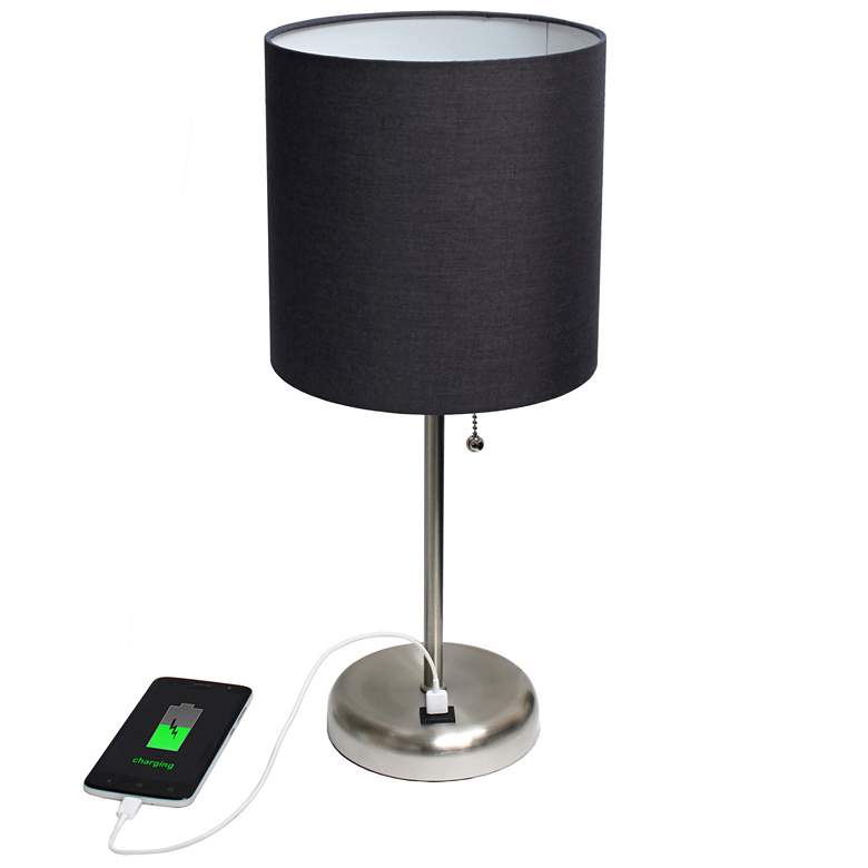 Image 1 19.5" Brushed Steel Table Lamp with USB Charging Port and LED Bulb Inc