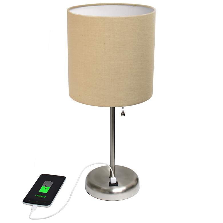 Image 1 19.5" Brushed Steel Table Lamp with USB Charging Port and LED Bulb Inc