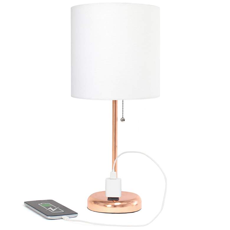 Image 1 19.5" Rose Gold Stick Table Lamp with Charging Outlet and LED Bulb Inc