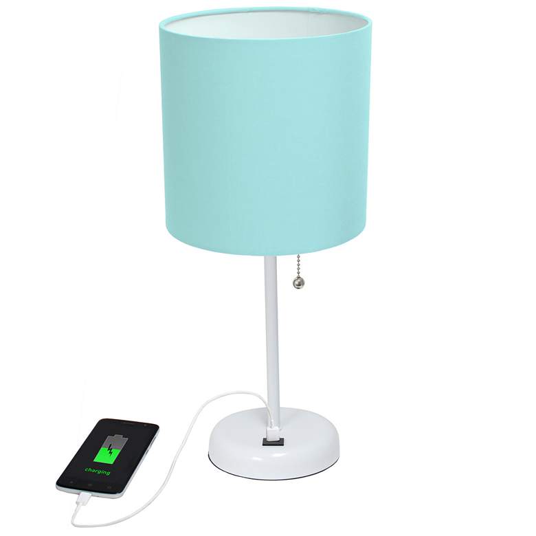 Image 1 19.5" White Stick Table Lamp with USB Charging Port and LED Bulb Inclu