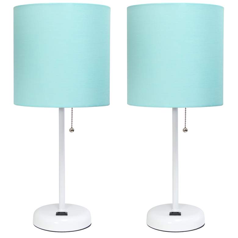 Image 1 19.5" White Table Lamp Two Pack Set with Power Outlet, Aqua Shades