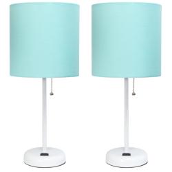 19.5" White Table Lamp Two Pack Set with Power Outlet, Aqua Shades