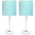 19.5" White Table Lamp Two Pack Set with Power Outlet, Aqua Shades