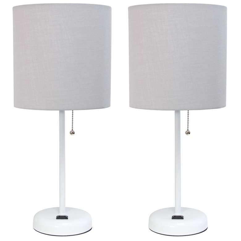 Image 1 19.5" White Table Lamp Two Pack Set with Power Outlet, Gray Shades