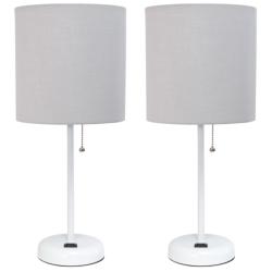 19.5" White Table Lamp Two Pack Set with Power Outlet, Gray Shades