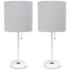 19.5" White Table Lamp Two Pack Set with Power Outlet, Gray Shades