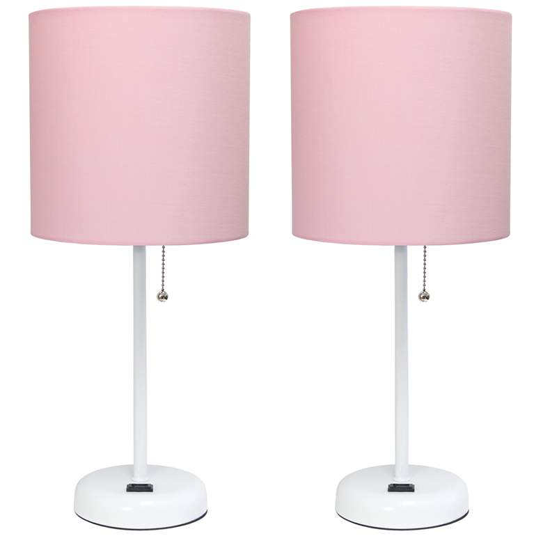 Image 1 19.5" White Table Lamp Two Pack Set with Power Outlet, Light Pink Shad
